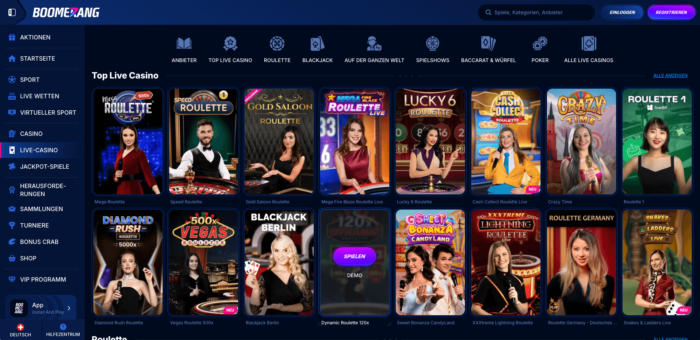 Live-Casinospiele bei Boomerang-Bet